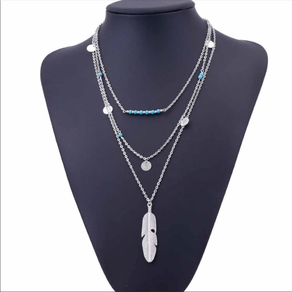 Silver 3 Layer Feather Necklace